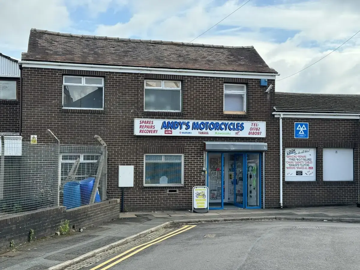 Andy's Motorcycles storefront on Podmore Street, Burslem