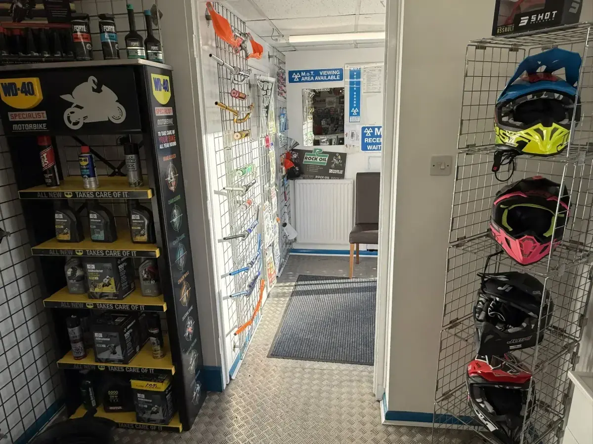Parts displays and waiting area at Andy's Motorcycles